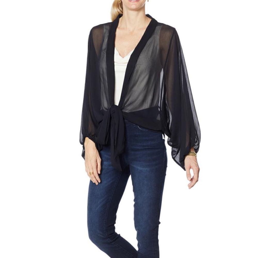 Colleen Lopez Sheer Black Tie-Front Topper Size XS